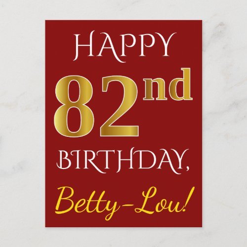 Red Faux Gold 82nd Birthday  Custom Name Postcard