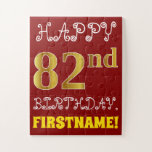 [ Thumbnail: Red, Faux Gold 82nd Birthday + Custom Name Puzzle ]