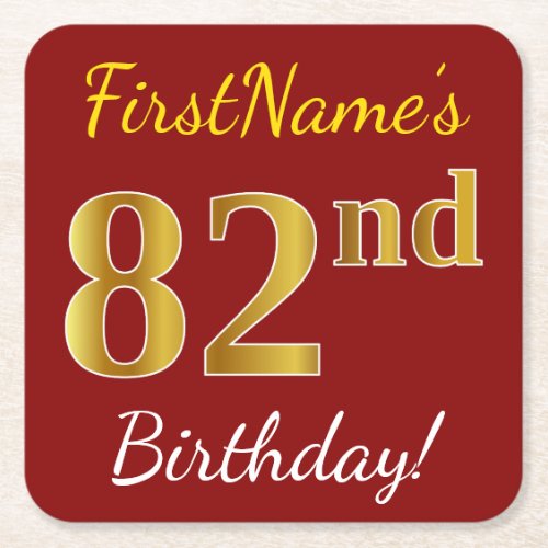 Red Faux Gold 82nd Birthday  Custom Name Square Paper Coaster