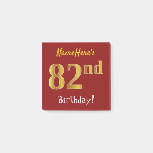 Red Faux Gold 82nd Birthday With Custom Name Post_it Notes