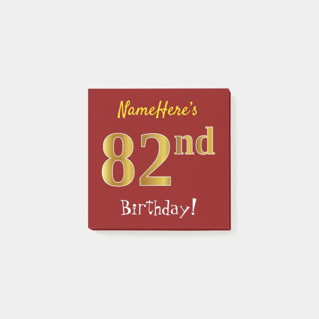 Red, Faux Gold 82nd Birthday, With Custom Name Post-it Notes (Front)