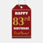 [ Thumbnail: Red, Faux Gold 83rd Birthday + Custom Name Gift Tags ]