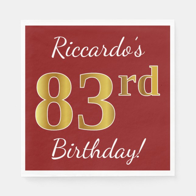 Red, Faux Gold 83rd Birthday + Custom Name Napkins (Front)