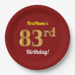 [ Thumbnail: Red, Faux Gold 83rd Birthday + Custom Name Paper Plates ]