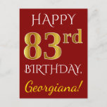 [ Thumbnail: Red, Faux Gold 83rd Birthday + Custom Name Postcard ]