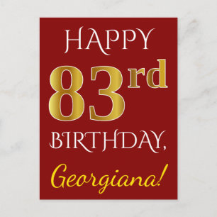Red, Faux Gold 83rd Birthday + Custom Name Postcard