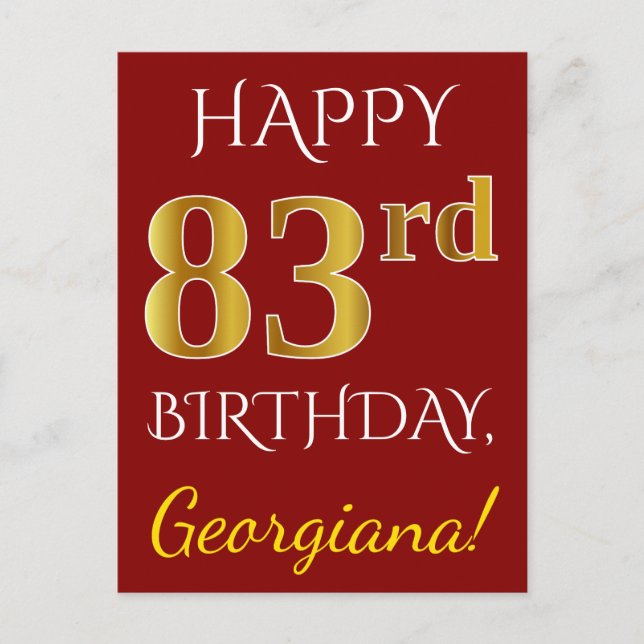Red, Faux Gold 83rd Birthday + Custom Name Postcard (Front)