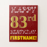 [ Thumbnail: Red, Faux Gold 83rd Birthday + Custom Name Puzzle ]