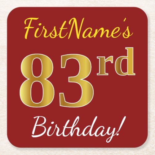 Red Faux Gold 83rd Birthday  Custom Name Square Paper Coaster