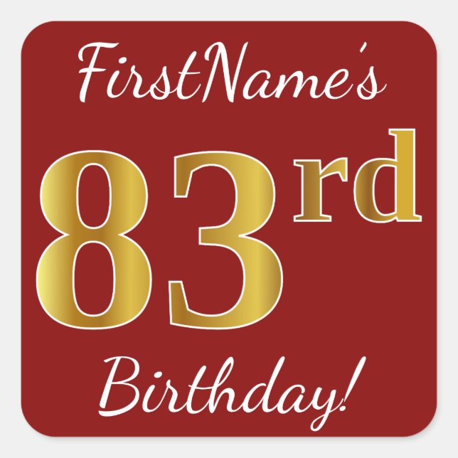 Red, Faux Gold 83rd Birthday + Custom Name Sticker (Front)