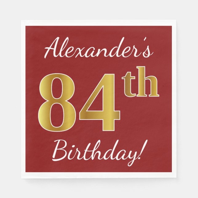 Red, Faux Gold 84th Birthday + Custom Name Napkins (Front)