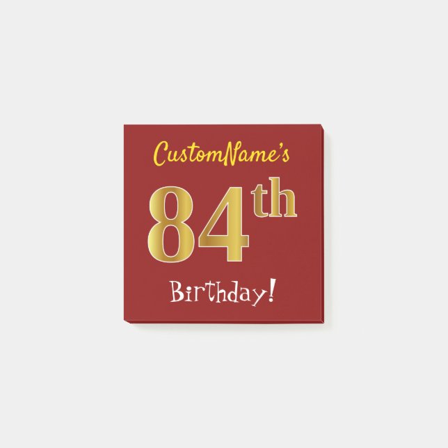 Red, Faux Gold 84th Birthday, With Custom Name Post-it Notes (Front)