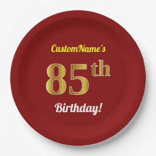 Red, Faux Gold 85th Birthday + Custom Name Paper Plates