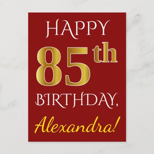 Red Faux Gold 85th Birthday  Custom Name Postcard