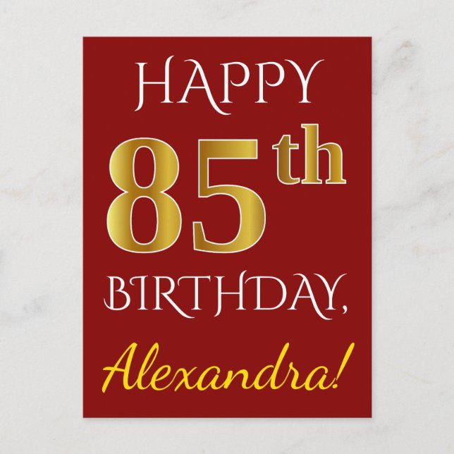 Red, Faux Gold 85th Birthday + Custom Name Postcard (Front)