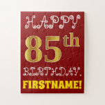 [ Thumbnail: Red, Faux Gold 85th Birthday + Custom Name Puzzle ]