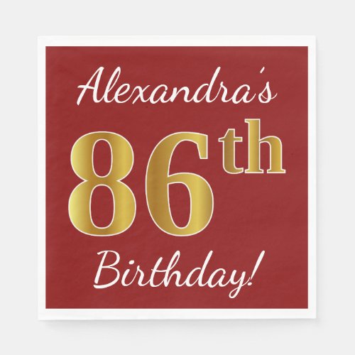 Red Faux Gold 86th Birthday  Custom Name Napkins