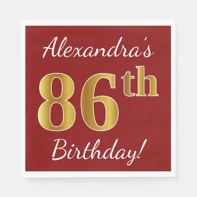 Red, Faux Gold 86th Birthday + Custom Name Napkins (Front)