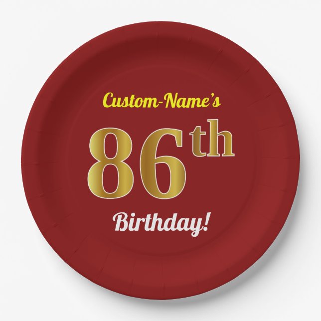 Red, Faux Gold 86th Birthday + Custom Name Paper Plates (Front)