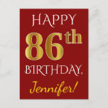 [ Thumbnail: Red, Faux Gold 86th Birthday + Custom Name Postcard ]
