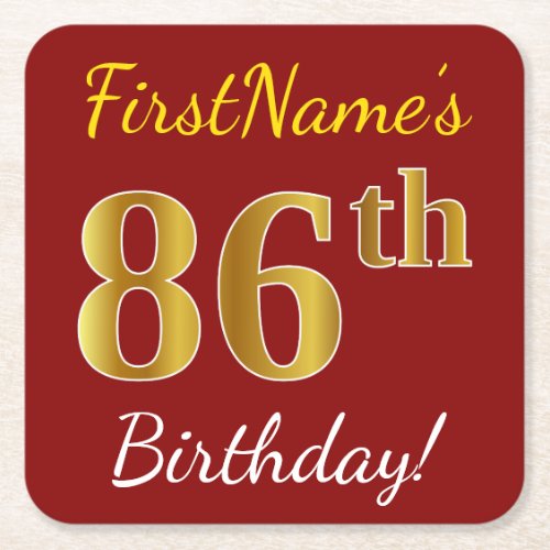 Red Faux Gold 86th Birthday  Custom Name Square Paper Coaster
