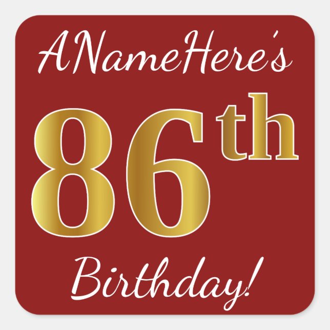 Red, Faux Gold 86th Birthday + Custom Name Sticker (Front)