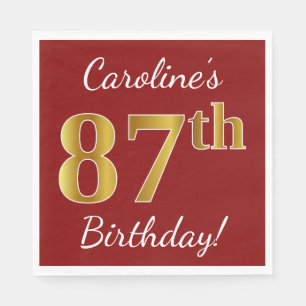 Red, Faux Gold 87th Birthday + Custom Name Paper Napkins