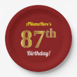 [ Thumbnail: Red, Faux Gold 87th Birthday + Custom Name Paper Plates ]