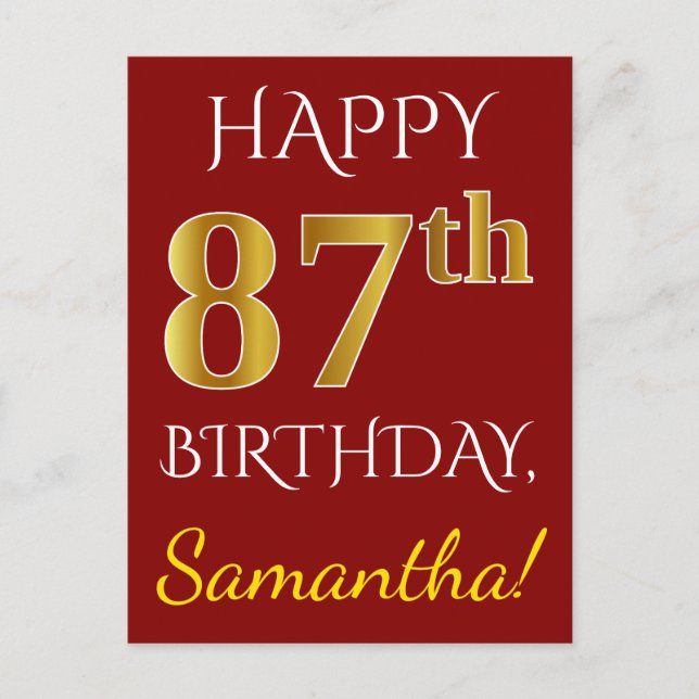 Red, Faux Gold 87th Birthday + Custom Name Postcard (Front)