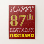 [ Thumbnail: Red, Faux Gold 87th Birthday + Custom Name Puzzle ]