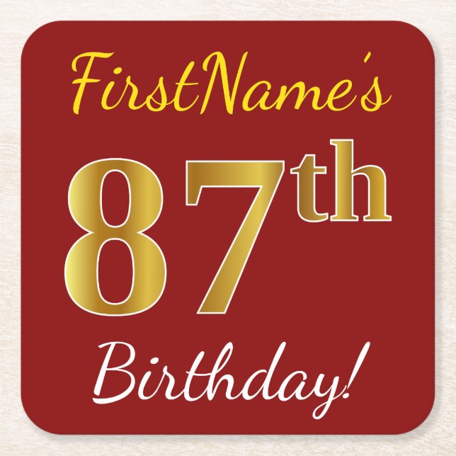 Red, Faux Gold 87th Birthday + Custom Name Square Paper Coaster (Front)
