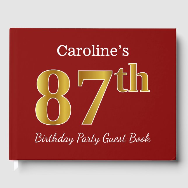 Red, Faux Gold 87th Birthday Party + Custom Name Guest Book (Front)