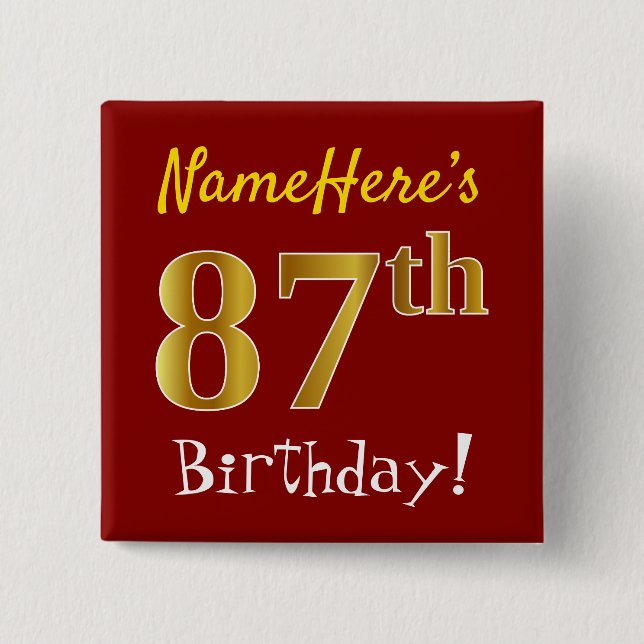 Red, Faux Gold 87th Birthday, With Custom Name Button (Front)