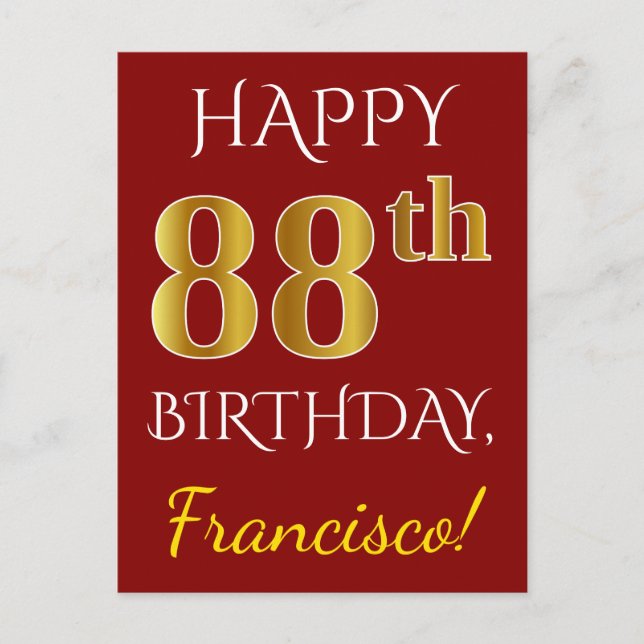 Red, Faux Gold 88th Birthday + Custom Name Postcard (Front)