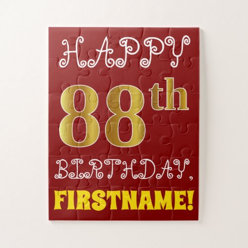 Red Faux Gold 88th Birthday  Custom Name Puzzle