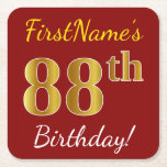 [ Thumbnail: Red, Faux Gold 88th Birthday + Custom Name Paper Coaster ]