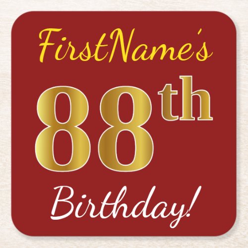 Red Faux Gold 88th Birthday  Custom Name Square Paper Coaster