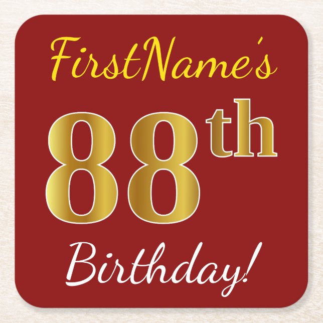 Red, Faux Gold 88th Birthday + Custom Name Square Paper Coaster (Front)