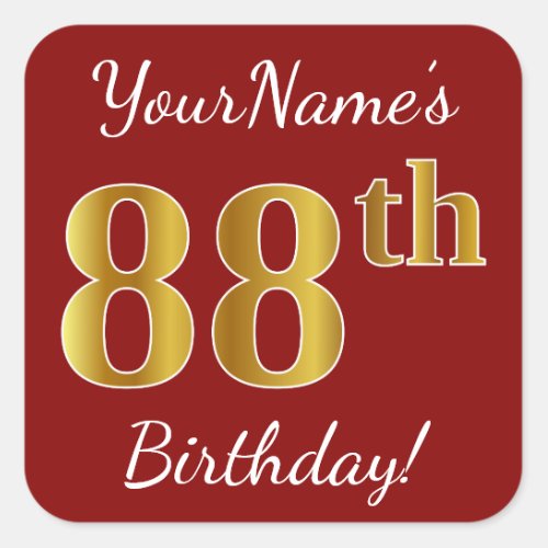 Red Faux Gold 88th Birthday  Custom Name Sticker