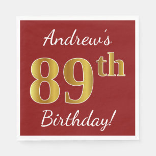 Red, Faux Gold 89th Birthday + Custom Name Napkins
