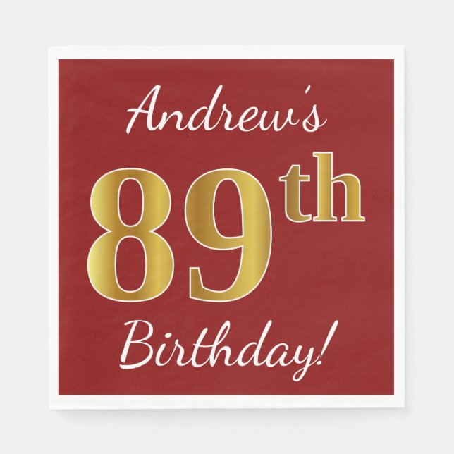 Red, Faux Gold 89th Birthday + Custom Name Napkins (Front)