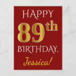 [ Thumbnail: Red, Faux Gold 89th Birthday + Custom Name Postcard ]