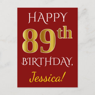Red, Faux Gold 89th Birthday + Custom Name Postcard