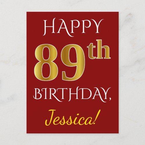 Red Faux Gold 89th Birthday  Custom Name Postcard