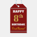 [ Thumbnail: Red, Faux Gold 8th Birthday + Custom Name Gift Tags ]