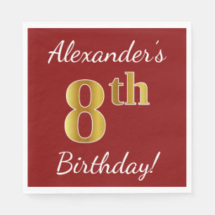 Red, Faux Gold 8th Birthday + Custom Name Paper Napkins