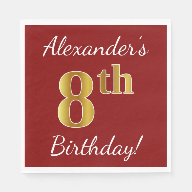 Red, Faux Gold 8th Birthday + Custom Name Paper Napkins (Front)