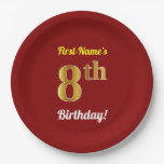 [ Thumbnail: Red, Faux Gold 8th Birthday + Custom Name Paper Plates ]