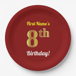 Red, Faux Gold 8th Birthday + Custom Name Paper Plates