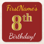 [ Thumbnail: Red, Faux Gold 8th Birthday + Custom Name Paper Coaster ]